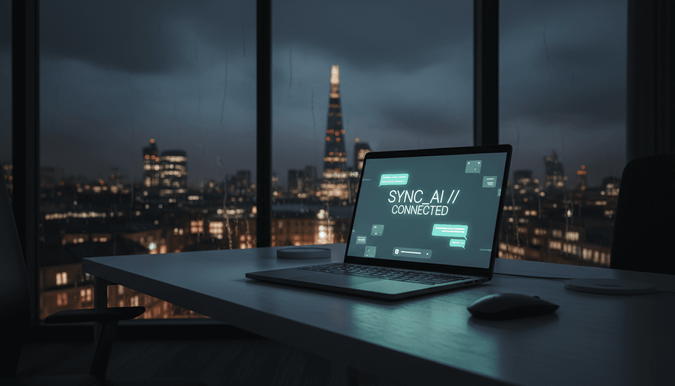 Laptop in a dimly lit London office at night with a glowing chat interface on the screen.