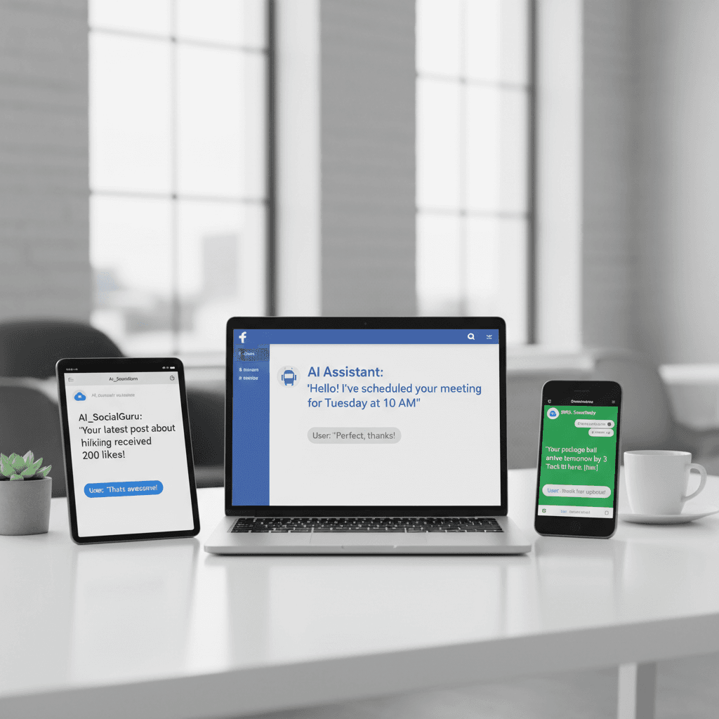 Multiple devices showing AI responses across SMS and social media
