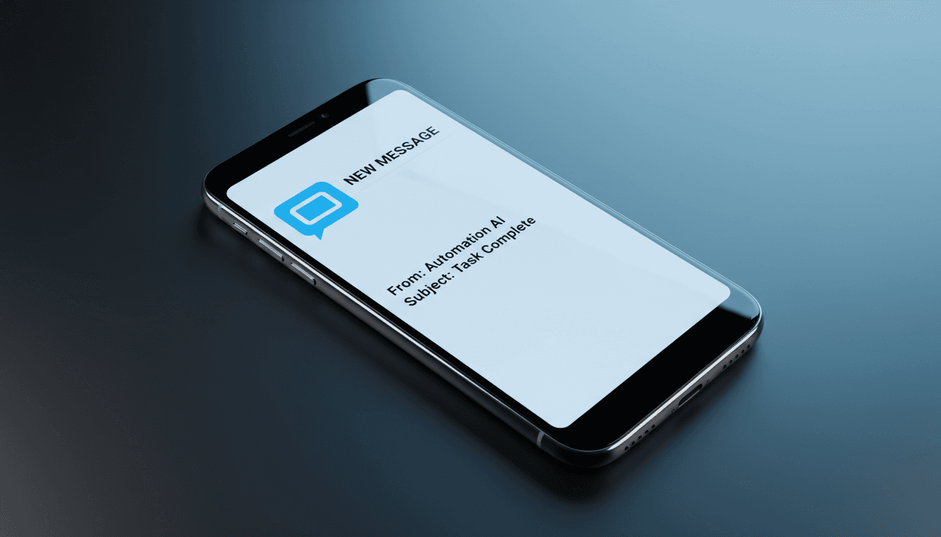 Smartphone on a dark surface showing a notification from Automation AI stating Task Complete.