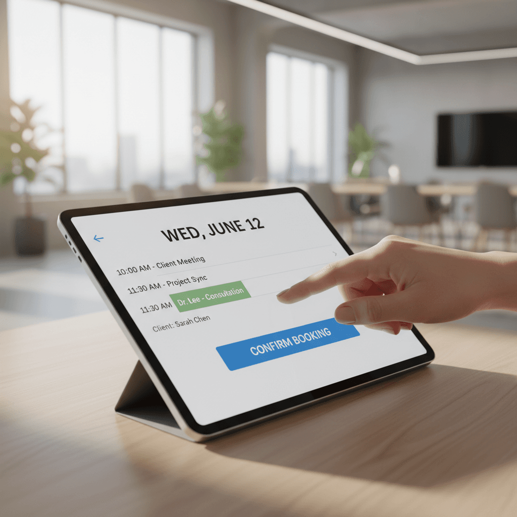 Tablet showing AI calendar booking confirmation