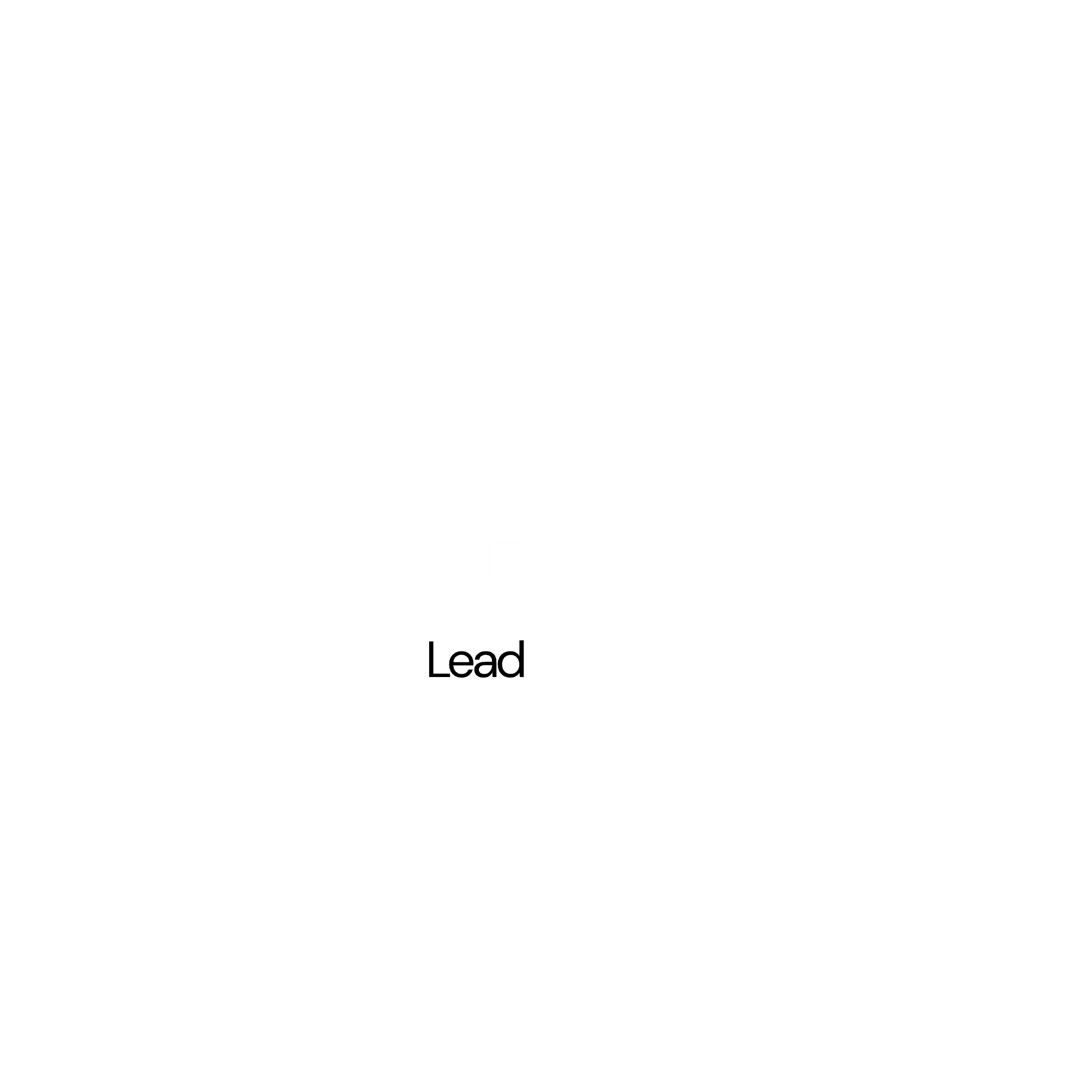 Abstract white geometric icon centered above the black sans-serif word Lead on white background.