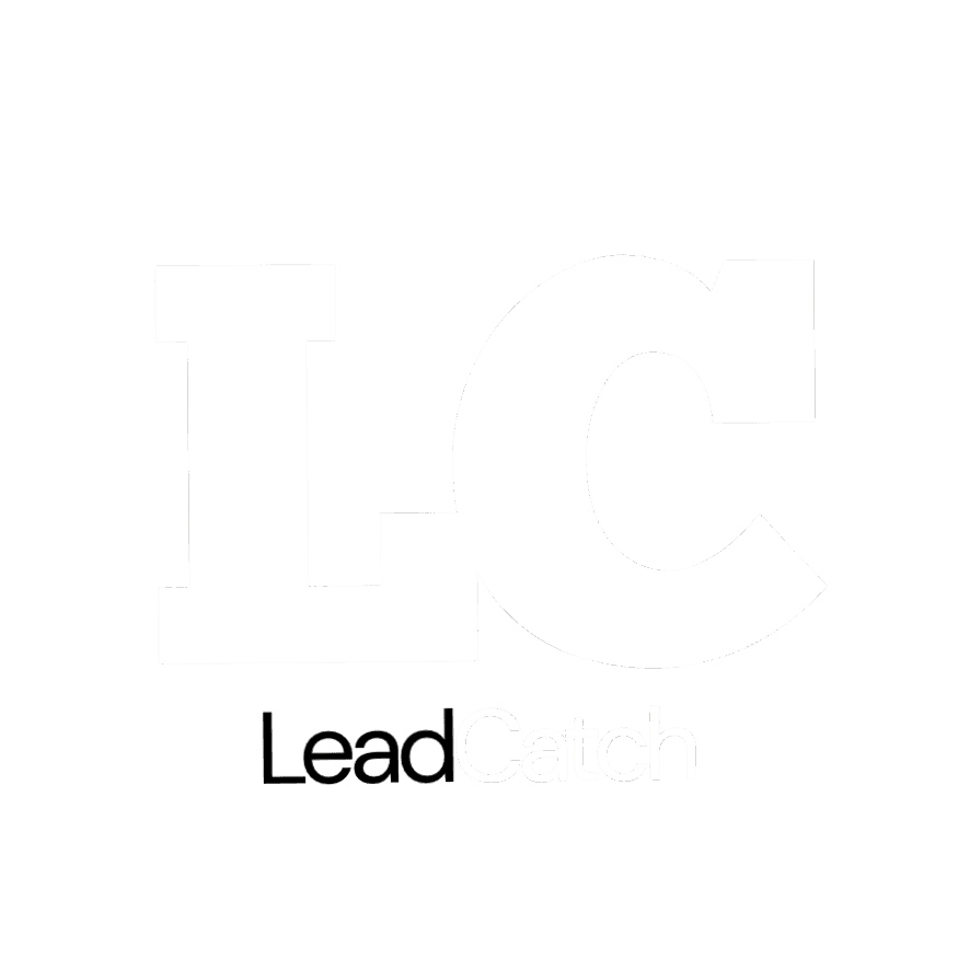 Large white serif LC initials above the text Lead in black and Catch in white.