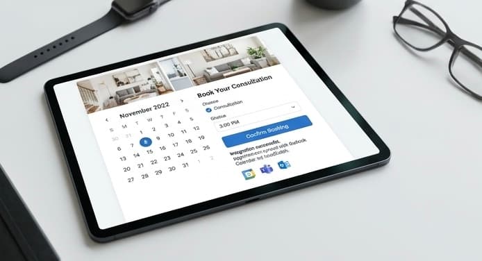 Tablet showing a consultation booking interface on a desk with glasses and a smartwatch.